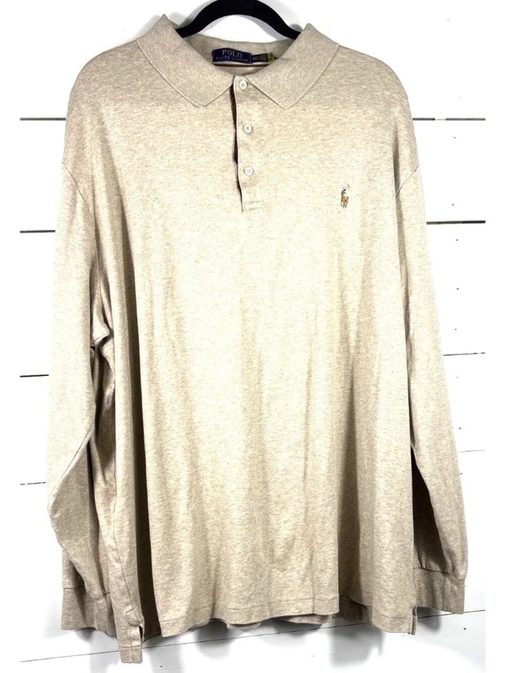 Polo Ralph Lauren Mens Beige Long Sleeve Polo Shirt 2XLT Cotton Embroidered Logo
